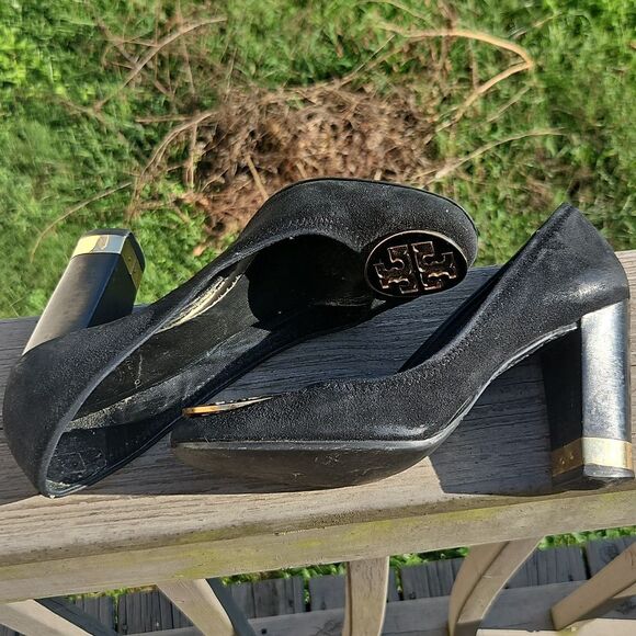 Tory Burch Black Suede Heels with Gold Logo & Block Heel - Project Heels - Picture 12 of 12